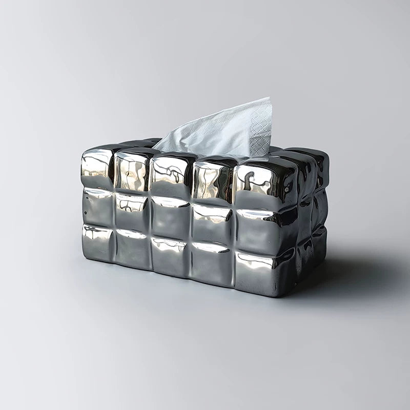 Sculptural Waffle Grid Ceramic Tissue Box | Modern Pop Art Decor