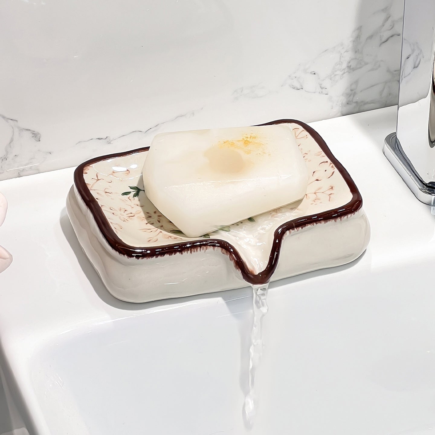 Vintage French Botanical Ceramic Soap Dish | Self-Draining Vanity Tray