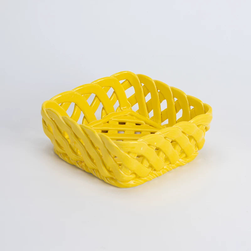Sculptural Woven Ceramic Square Fruit Basket | Post-Modern Pop Art