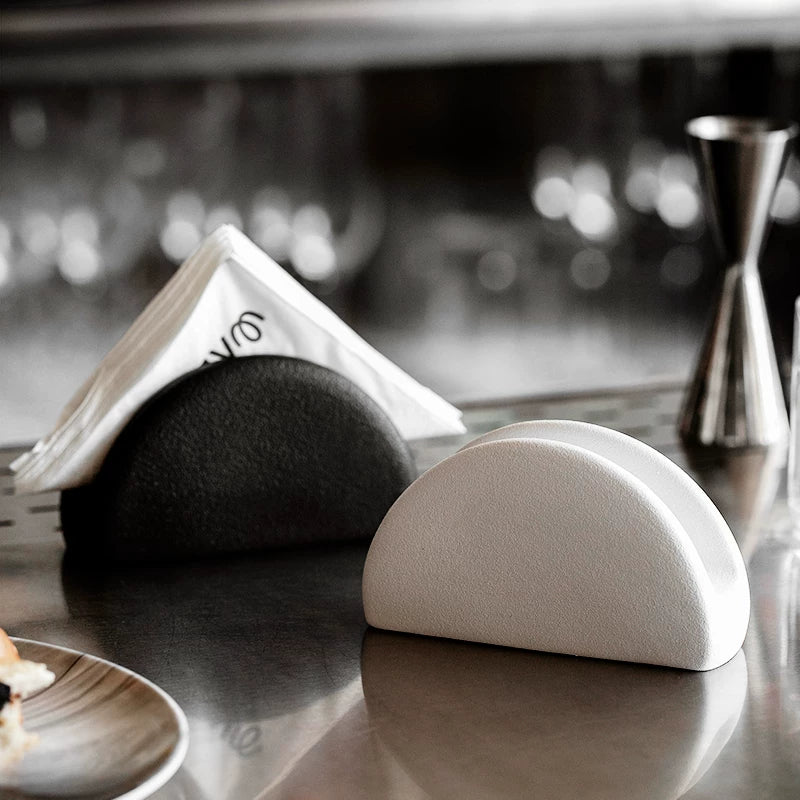 Minimalist Speckled Ceramic Napkin Holder | Sculptural Semi-Circle Stand