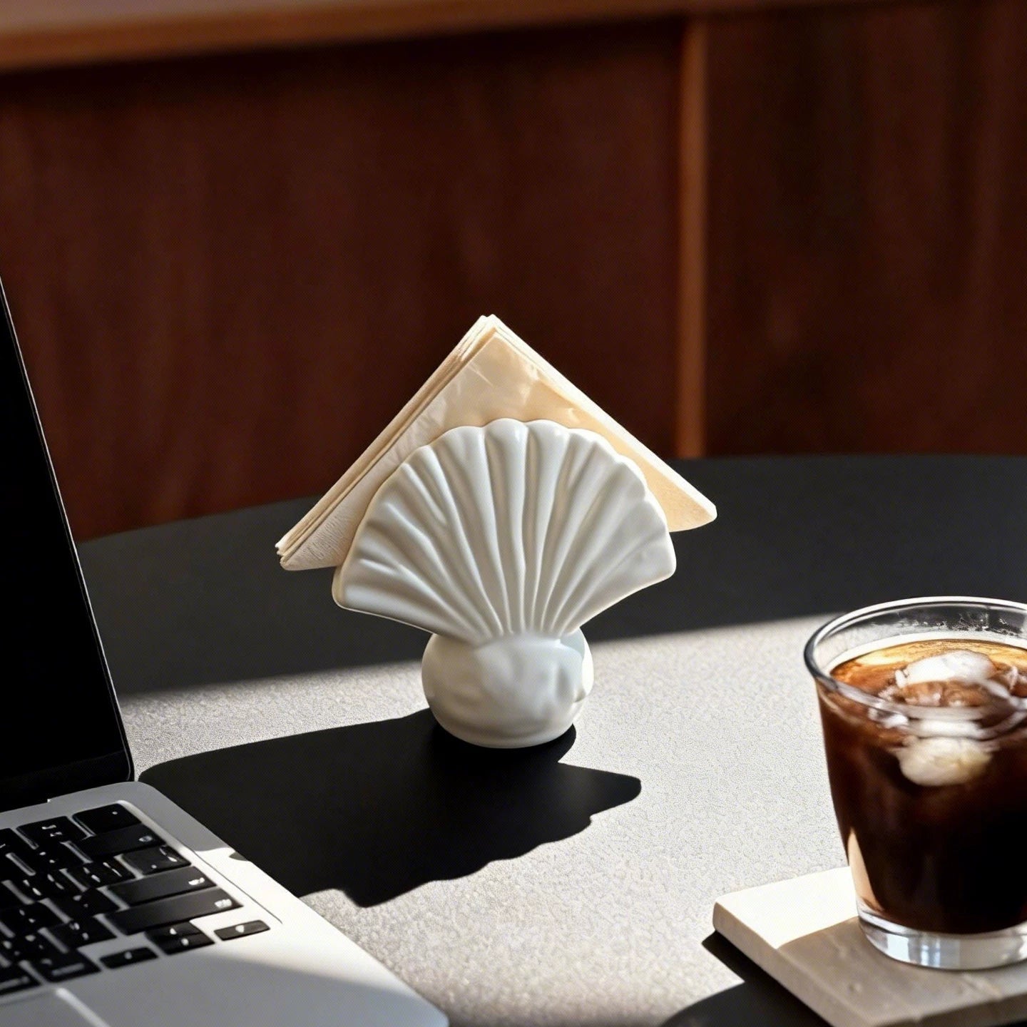 Artisan Scalloped Shell Ceramic Napkin Holder | Sculptural Ocean Decor