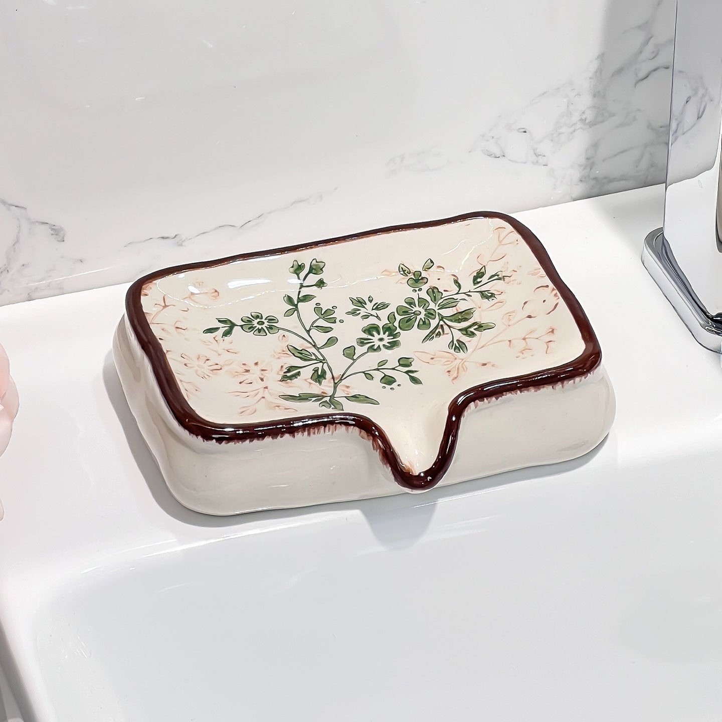 Porte-savon en céramique botanique française vintage | Plateau de toilette auto-vidangeant