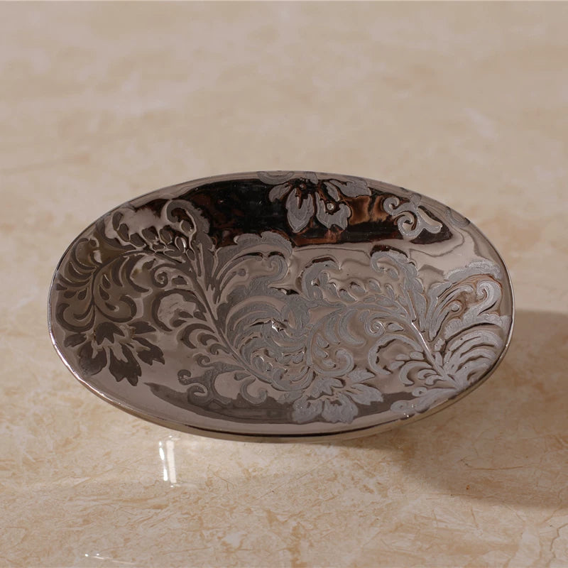 Barocke silberne Keramik Seifenschale | Vintage geprägtes Sockel-Tablett