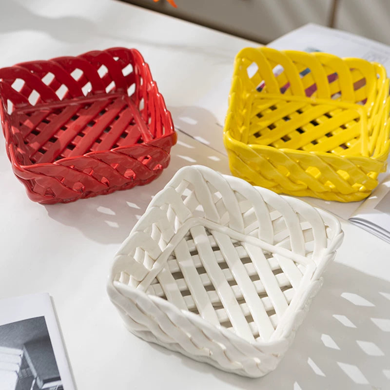 Sculptural Woven Ceramic Square Fruit Basket | Post-Modern Pop Art