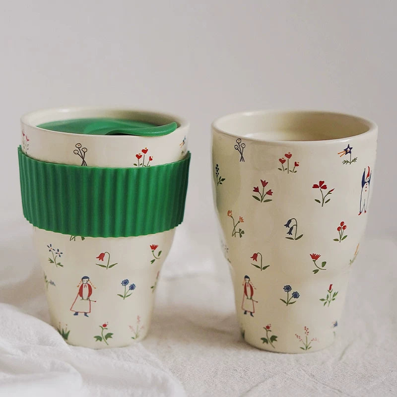 Whimsical Narrative Ceramic Travel Vessel | Folk Illustrative Decor