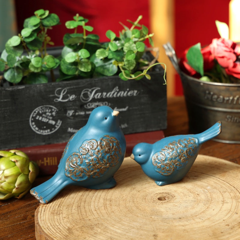Blue Ceramic Bird Figurine – Whimsical Tabletop Décor (Set of 2)