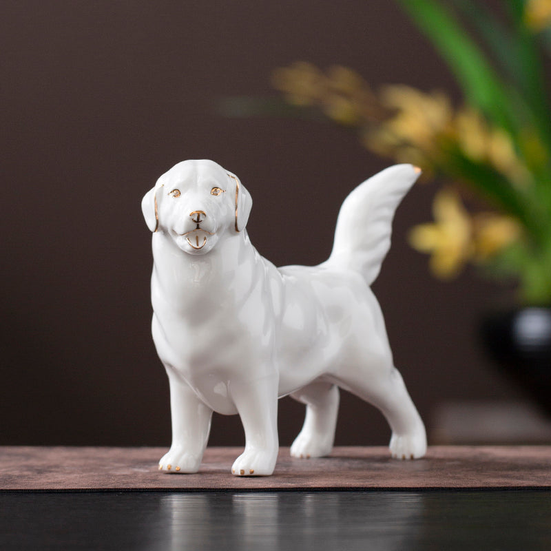 Premium White Dog Figurine - Handmade Porcelain with Gold Accents
