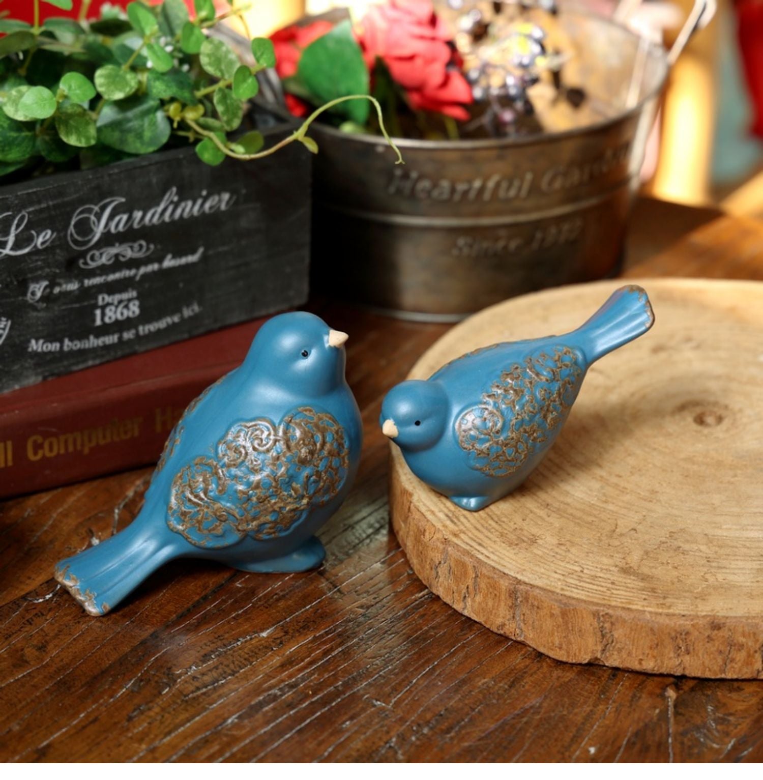 Blue Ceramic Bird Figurine – Whimsical Tabletop Décor (Set of 2)