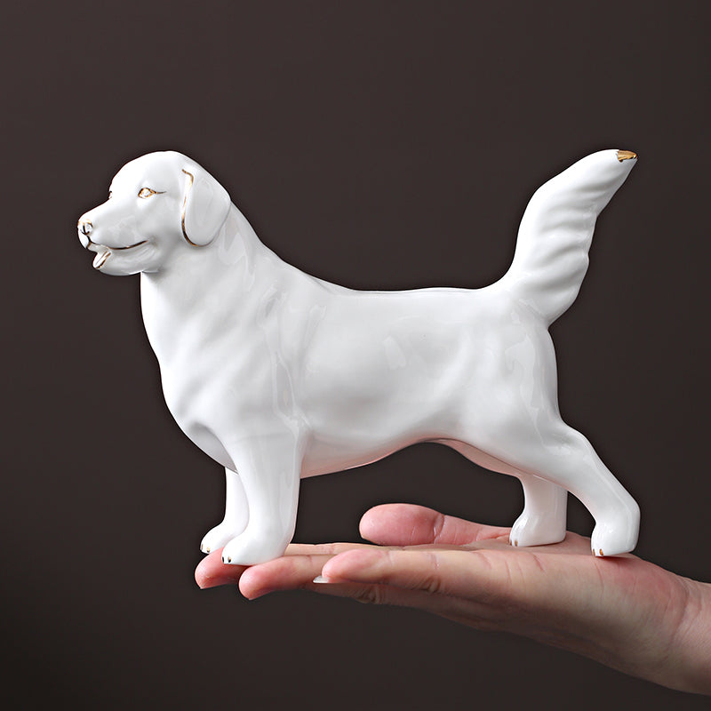 Premium White Dog Figurine - Handmade Porcelain with Gold Accents