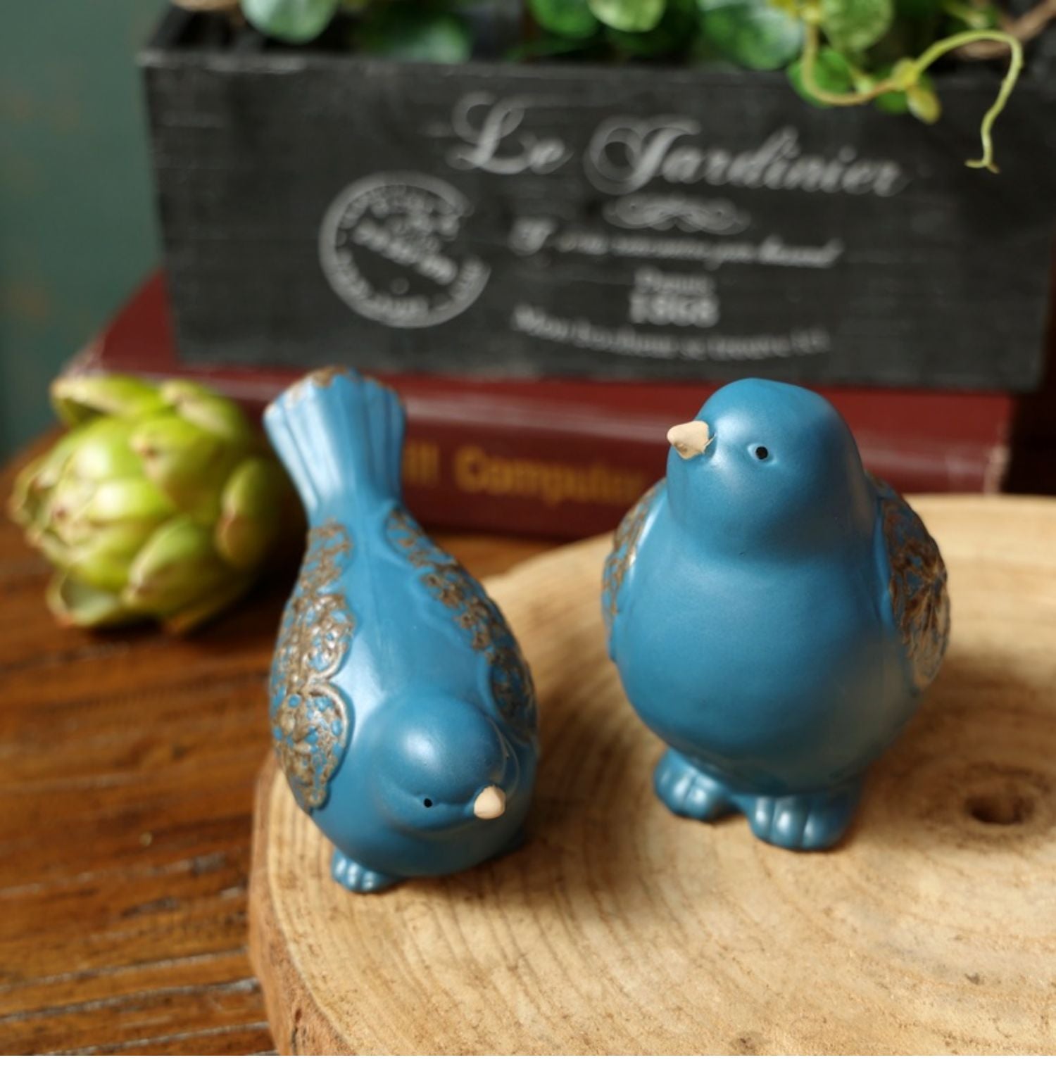 Blue Ceramic Bird Figurine – Whimsical Tabletop Décor (Set of 2)