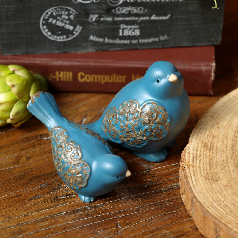 Blue Ceramic Bird Figurine – Whimsical Tabletop Décor (Set of 2)
