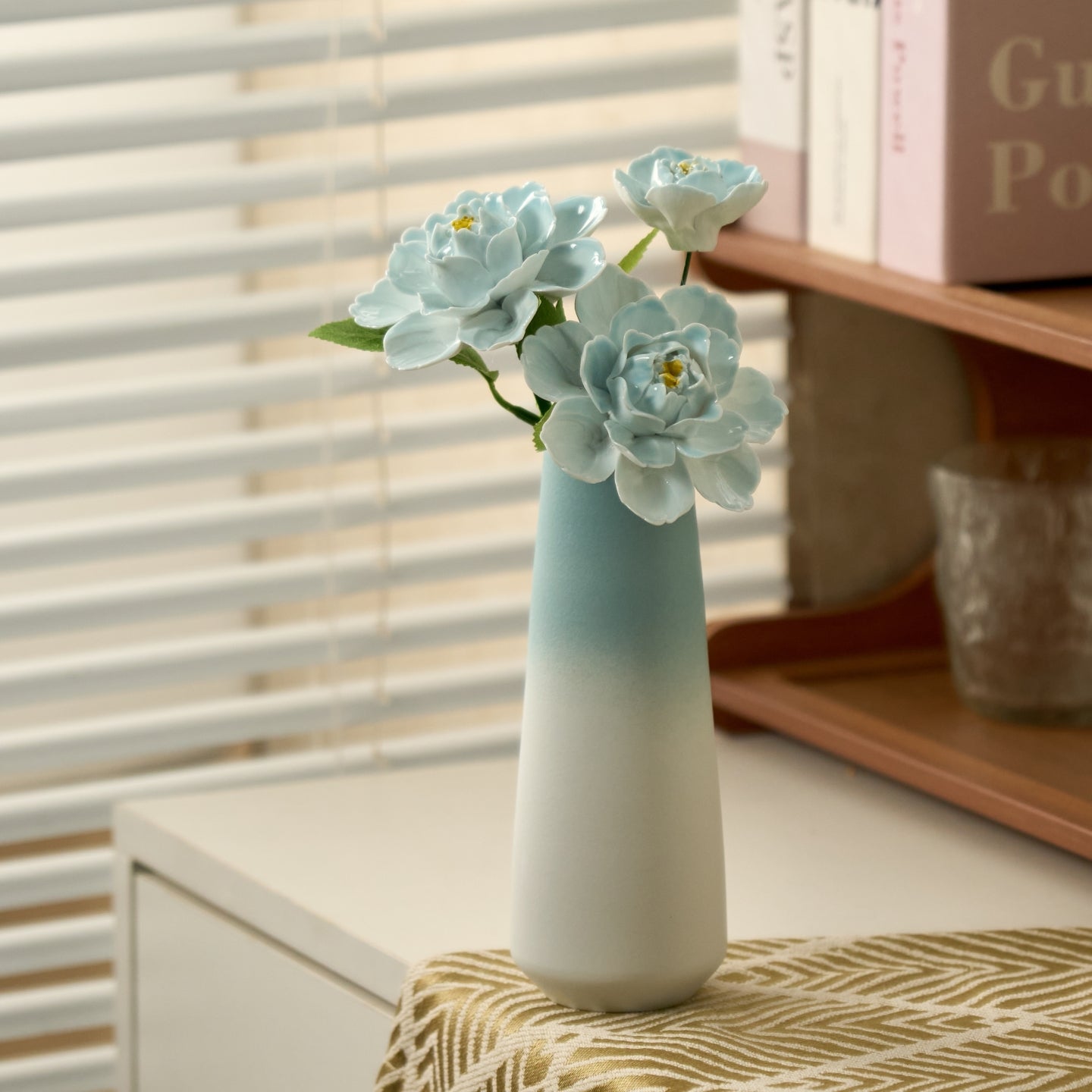 "The Sky Blue Peony" Set | Handcrafted Porcelain Flowers in Ceramic Vase