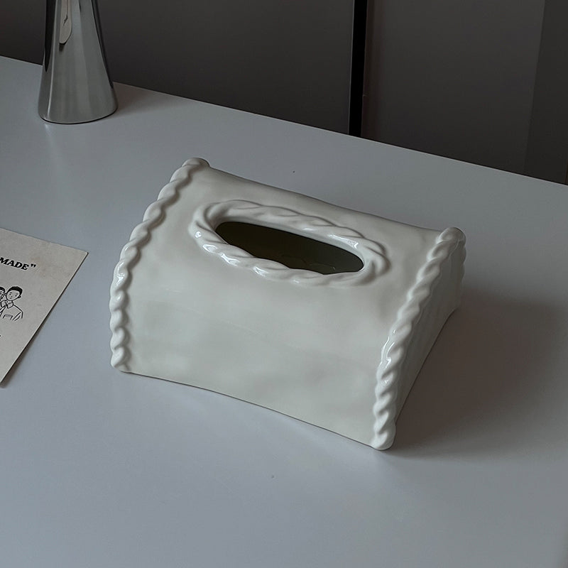 Braided Edge Ceramic Tissue Box Cover | Classic Preppy Decor