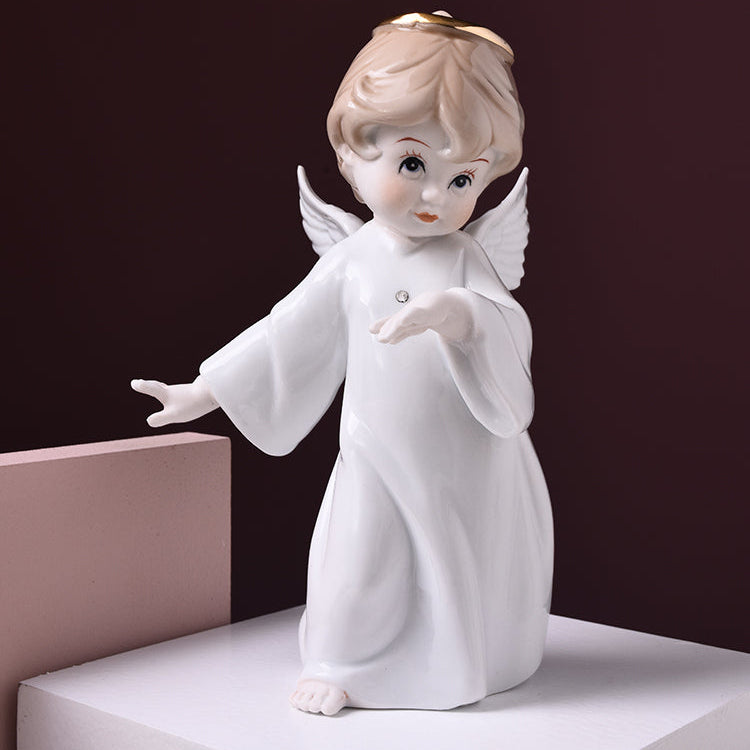 Serene Porcelain Angel Figurine | Hand-Painted Guardian Angel with Gold Halo