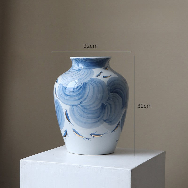 Hand-Painted Blue & White Koi Vase | Artisan Gilded Porcelain Art