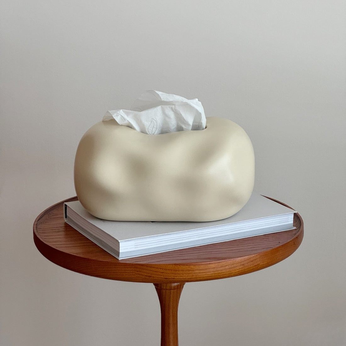 Cache-boîte beige en céramique arrondi avec mouchoir blanc sur un livre posé sur une table d’appoint ronde en bois