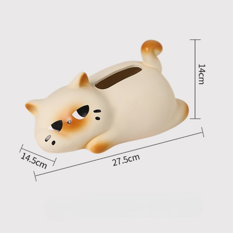 Cat-shaped money box with dimensions on a white background