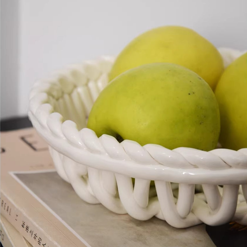 Artisanal Hand-Woven Ceramic Basket | Vintage White Lattice Fruit & Bread Bowl