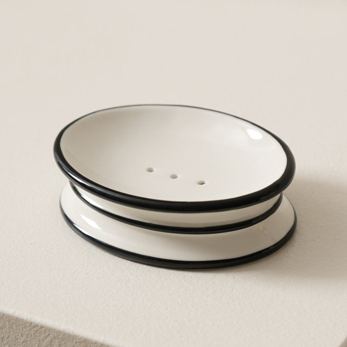 Französische Bistro ovale Keramik Seifenschale | Vintage weißes Tablett mit schwarzem Rand