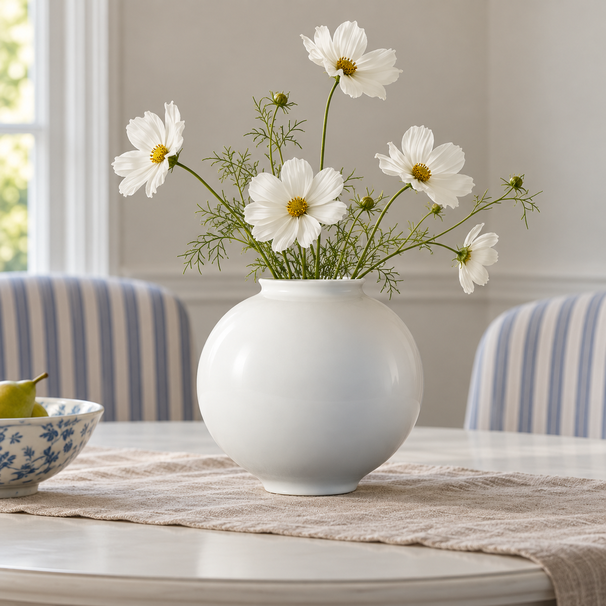 Large white moon vase holding white cosmos flowers on a linen runner across a dining table.