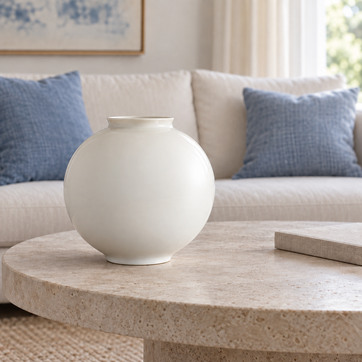 Large white moon vase on a pale stone coffee table in a blue and white living room.