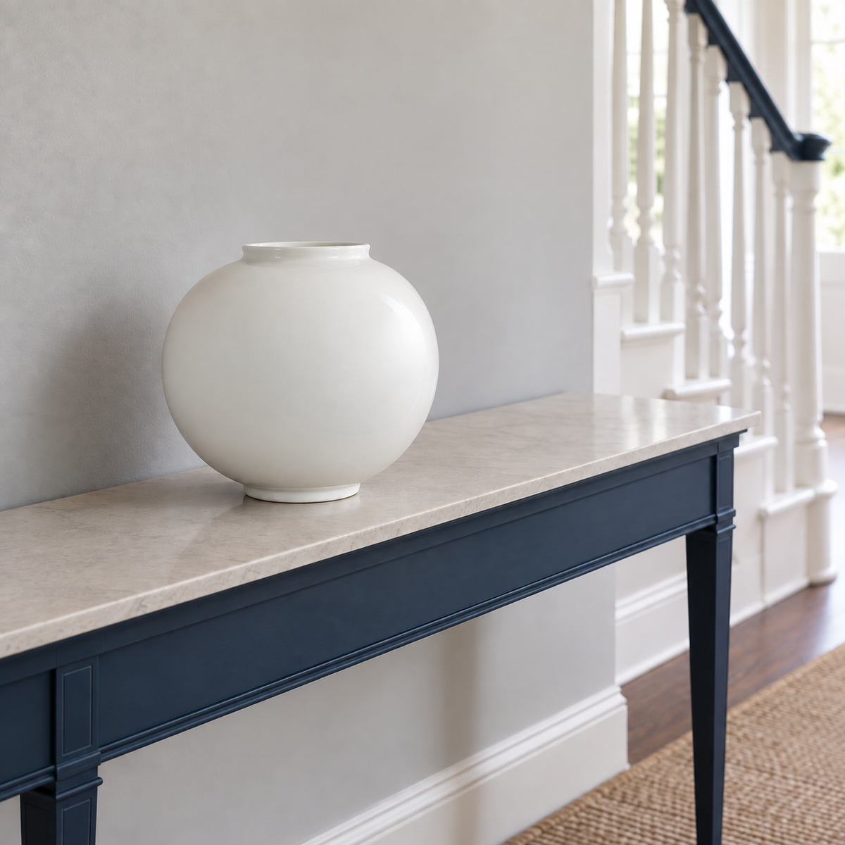 Medium white moon vase displayed empty on a navy console beside a white staircase.