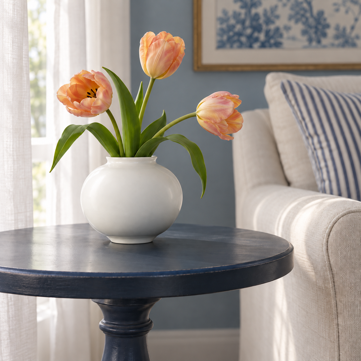 Small white moon vase holding apricot tulips on a blue side table beside a cream sofa.