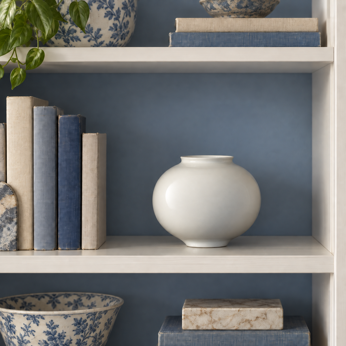 Small white moon vase displayed empty on a blue-backed bookshelf beside linen-bound books.