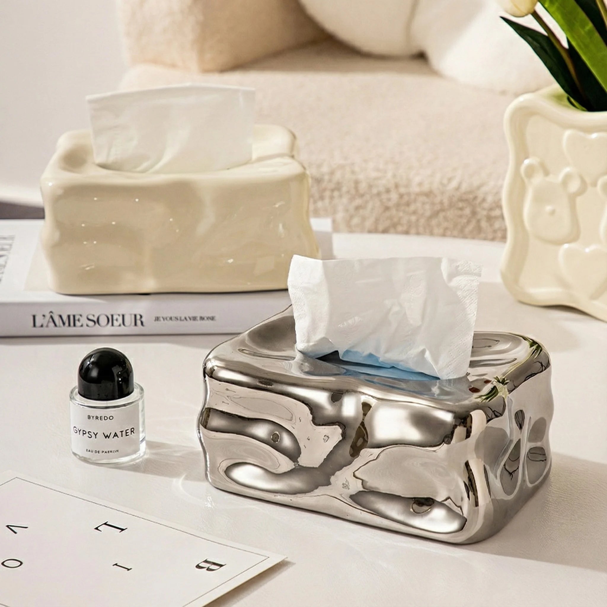 Wavy Sculptural Tissue Box Cover | Modern Melting Ceramic Decor