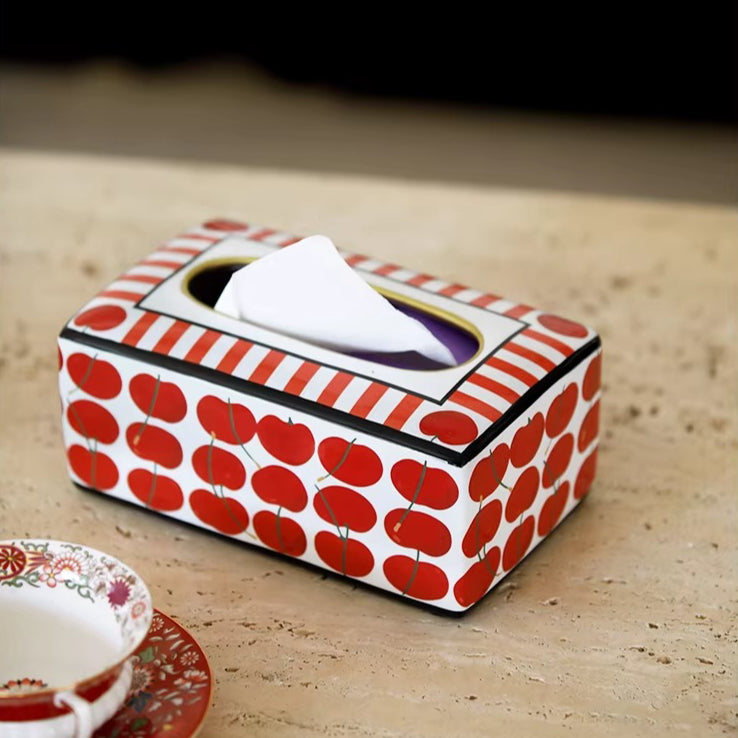 Boîte à mouchoirs en céramique cerise rétro | Distributeur Pop Art rayé