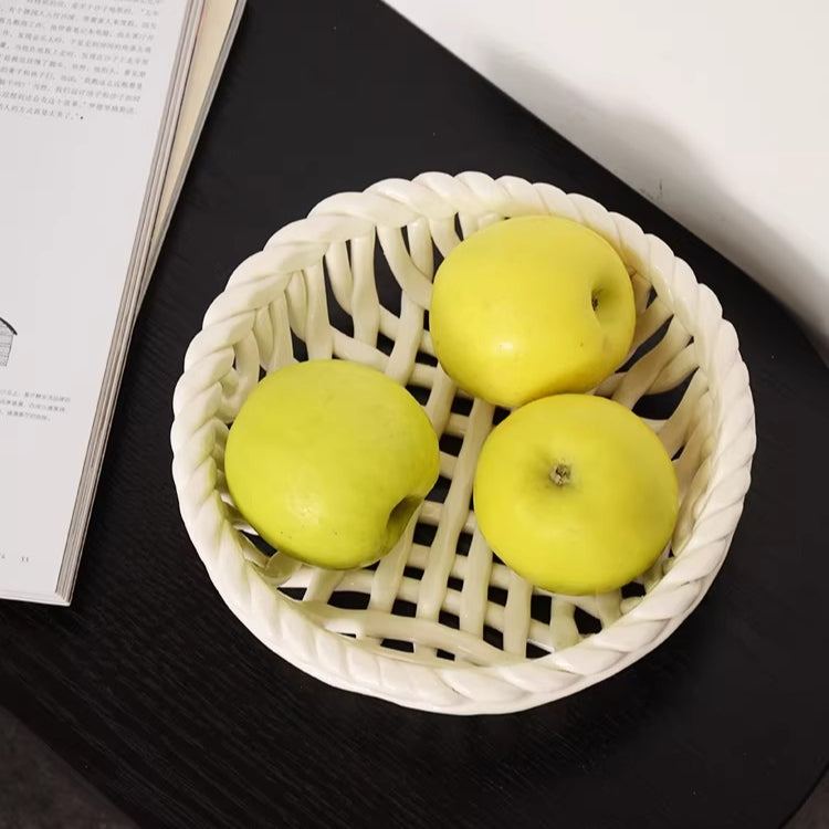 Artisanal Hand-Woven Ceramic Basket | Vintage White Lattice Fruit & Bread Bowl