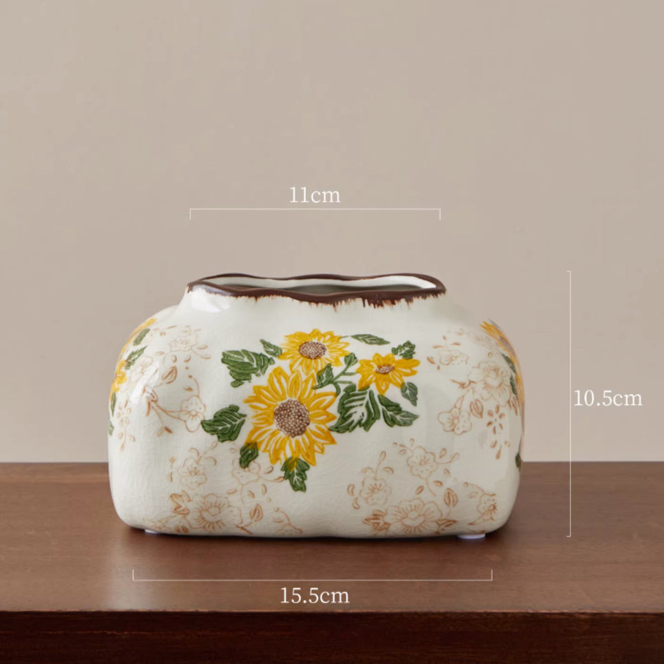 Vintage Sunflower Ceramic Tissue Box Cover | Artisan Crackle Glaze Decor