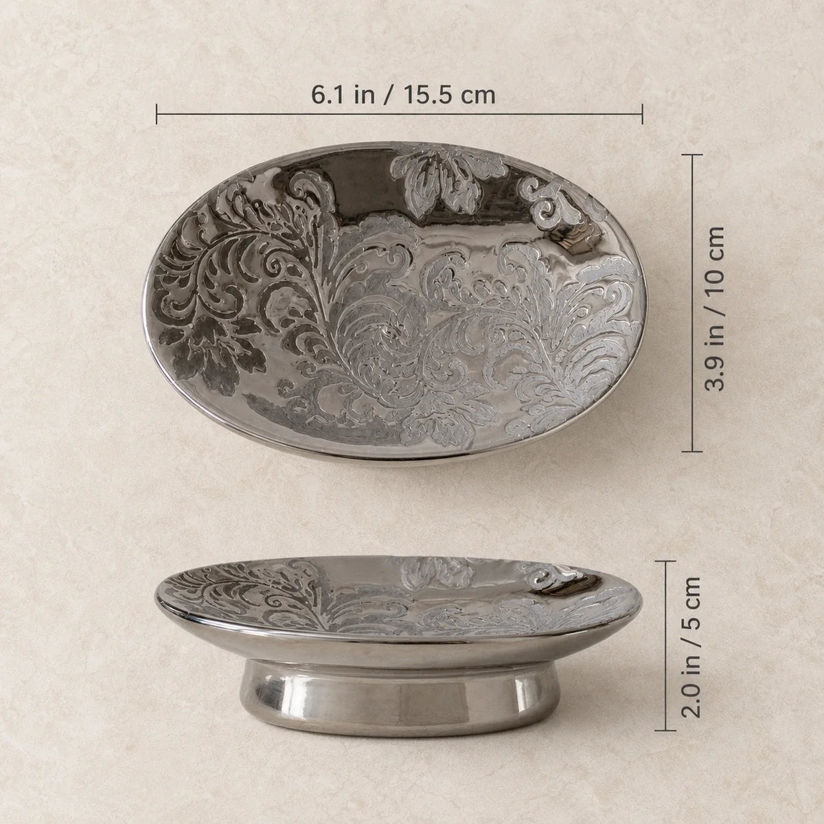 Baroque silver ceramic soap dish dimensions: 6.1 by 3.9 by 2.0 inches
