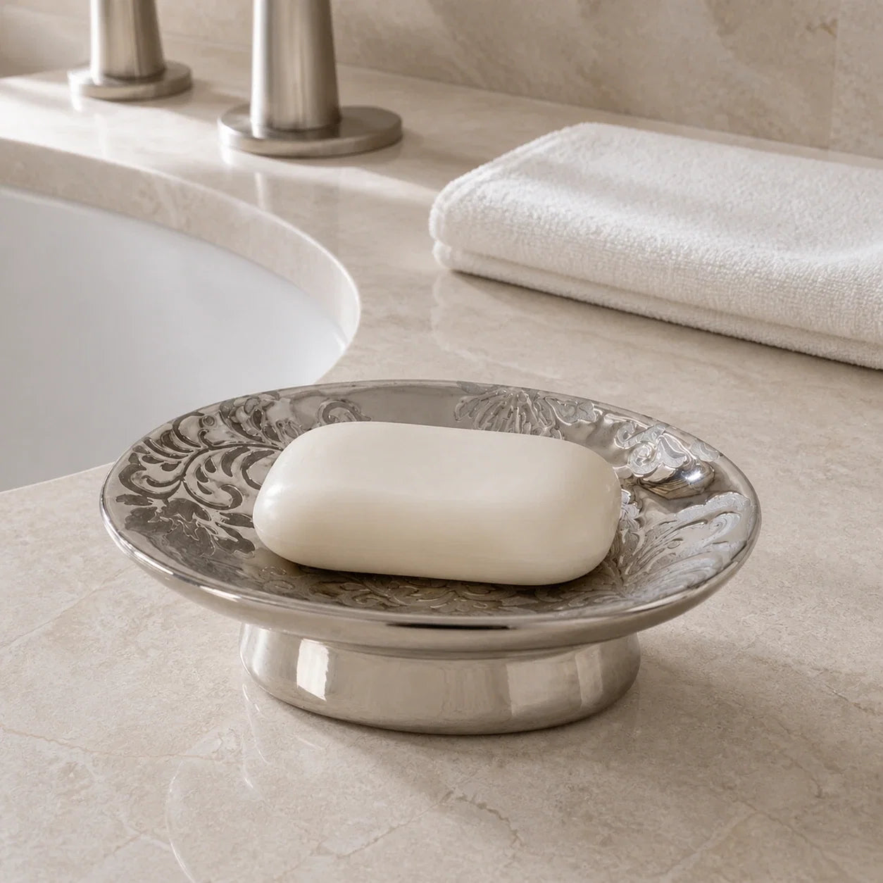 Baroque silver ceramic soap dish holding ivory bar soap beside a bathroom sink