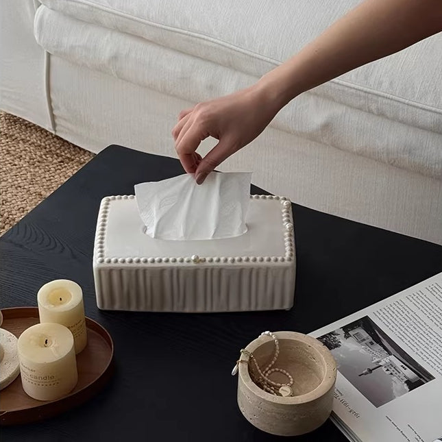 Fluted Beaded Ceramic Tissue Box | Neoclassical Pearl Decor