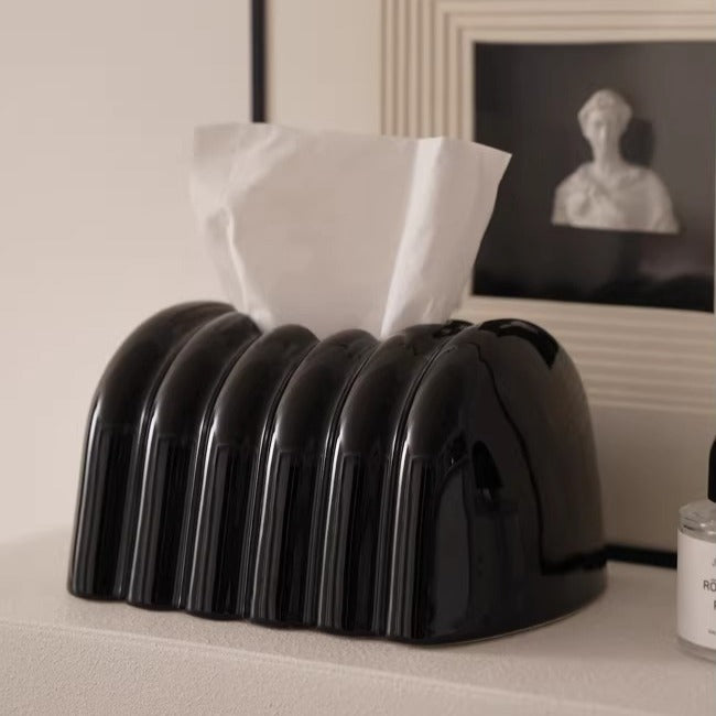 Architectural Fluted Ceramic Tissue Box Cover | Ribbed Art Deco Dispenser