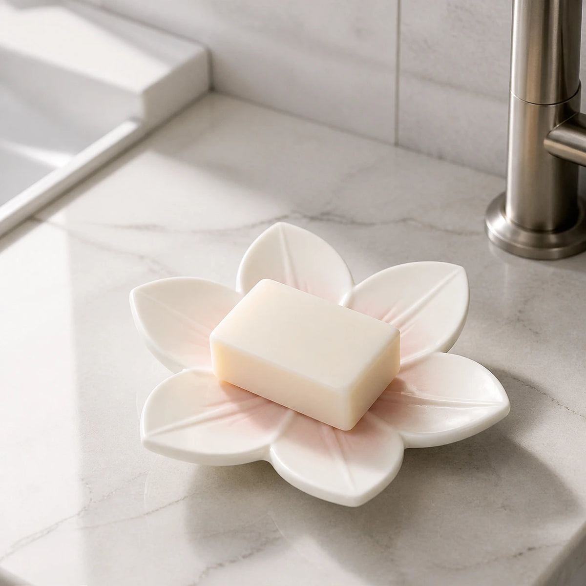 Blushing Sakura ceramic soap dish holding a rectangular bar beside a bathroom sink