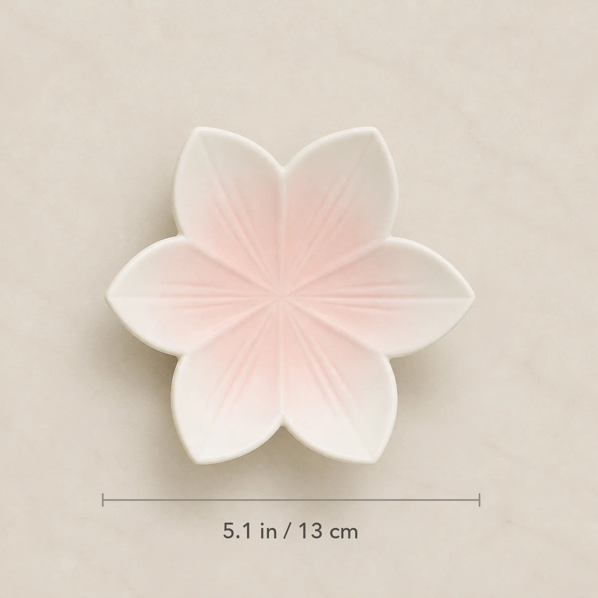Top view of the Blushing Sakura soap dish marked 5.1 inches or 13 centimeters across