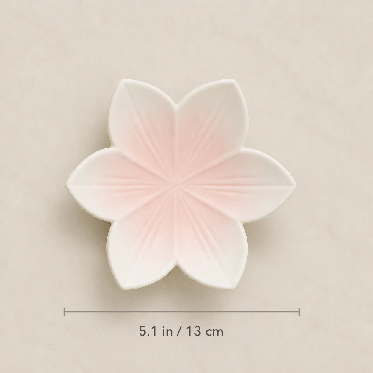 Top view of the Blushing Sakura soap dish marked 5.1 inches or 13 centimeters across