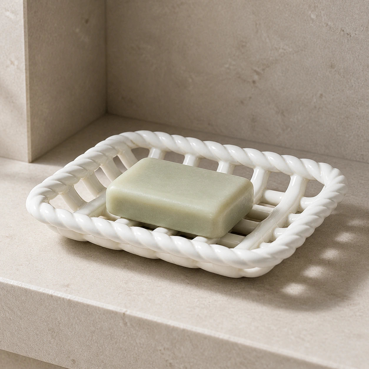 Glossy White ceramic basket holding pale sage soap on a shower shelf