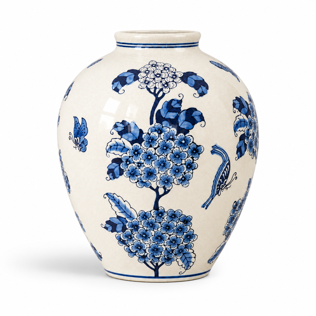 Blue and White Hydrangea Butterfly Vase – Large – full view