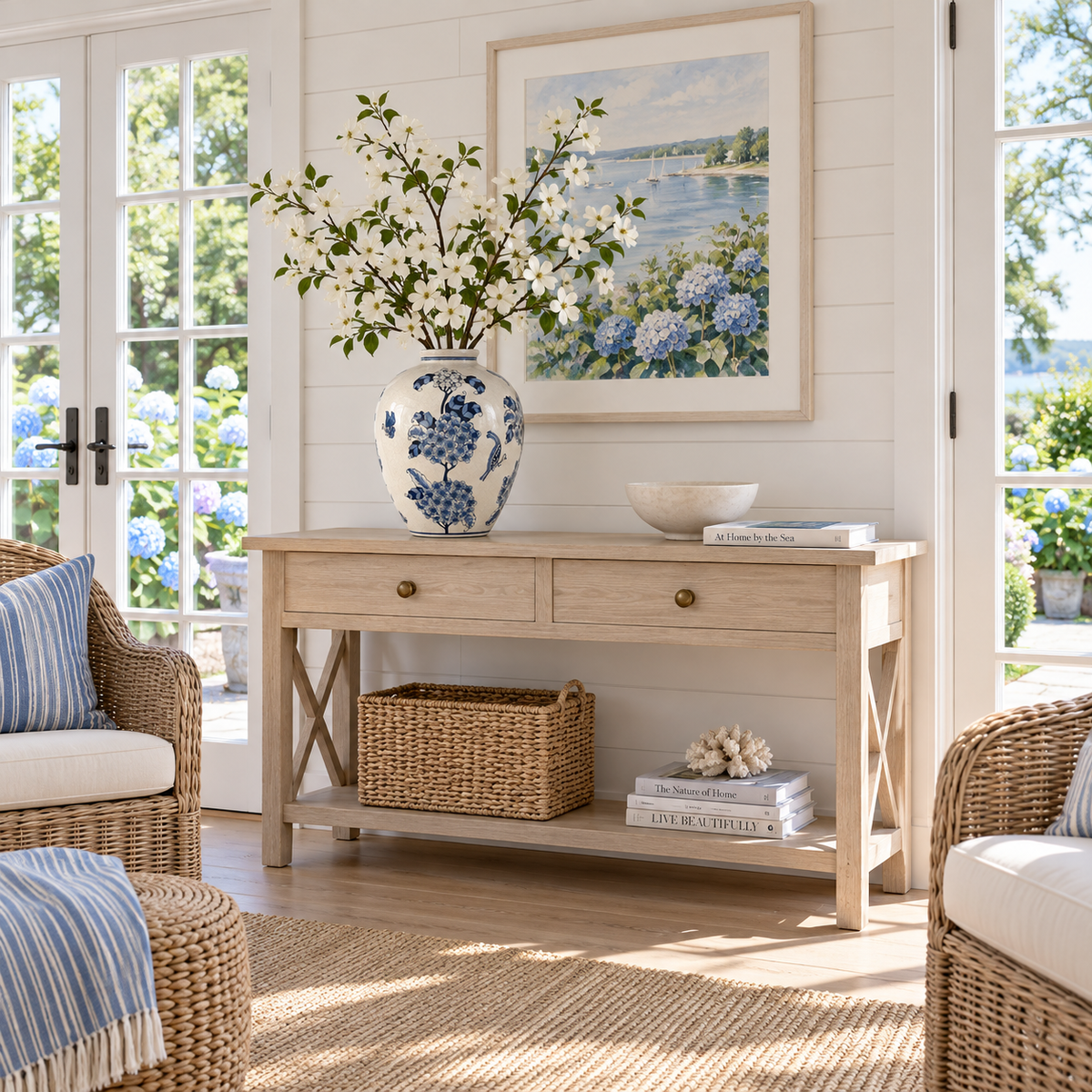 Blue and White Hydrangea Butterfly Vase – Large – styled interior
