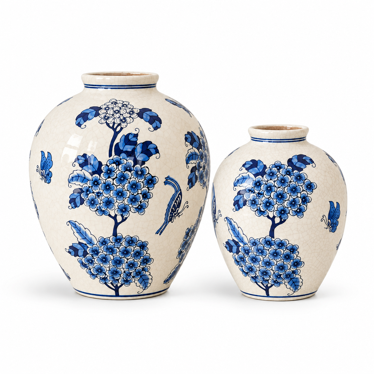 Blue and White Hydrangea Butterfly Vase – Small + Large Set – full view