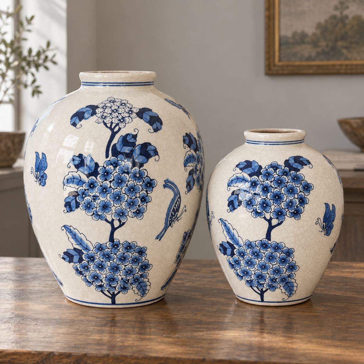Blue and White Hydrangea Butterfly Vase – Small + Large Set – decorative detail