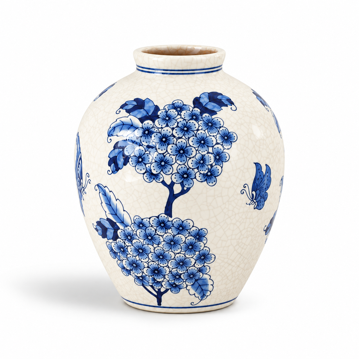 Blue and White Hydrangea Butterfly Vase – Small – full view