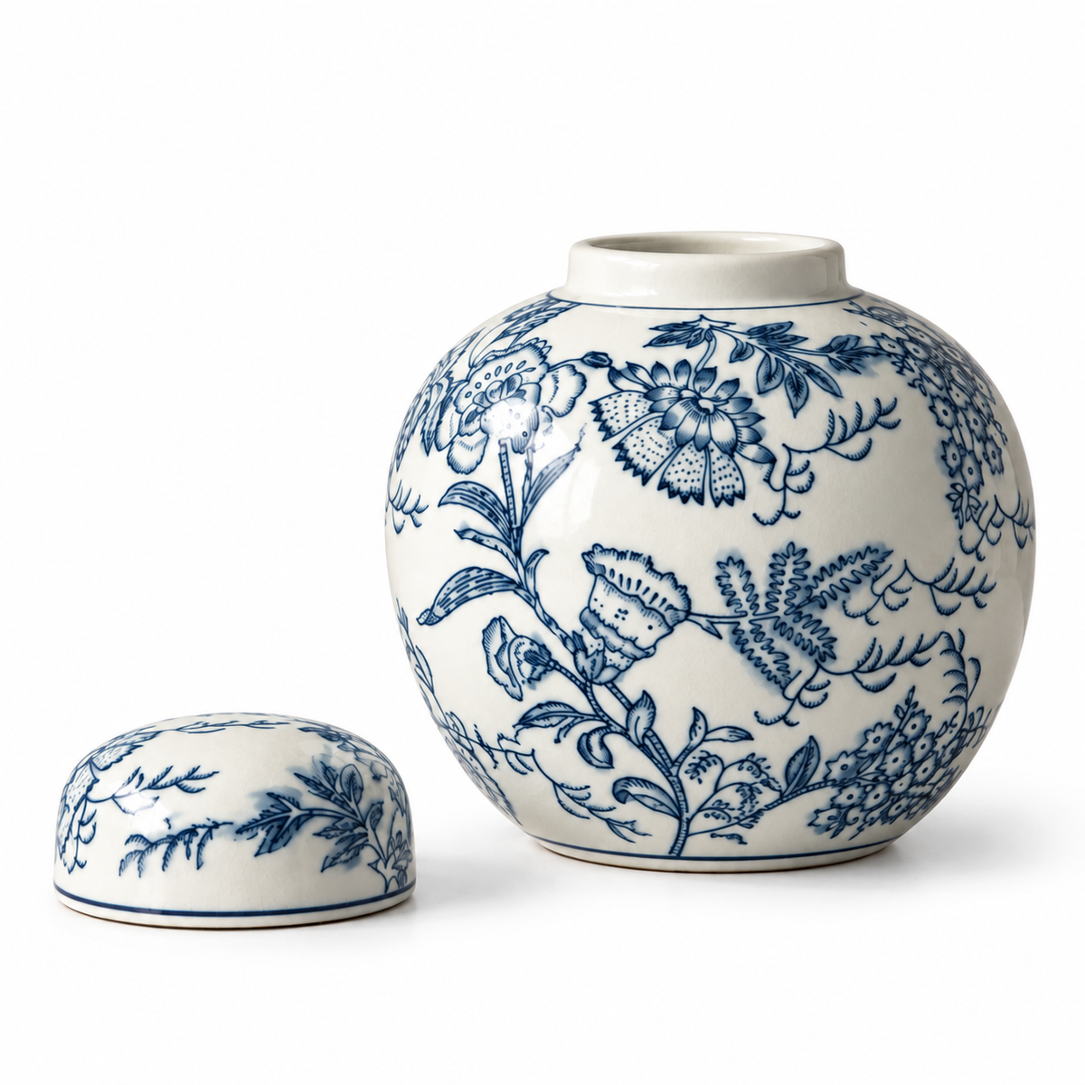 Blue and White Botanical Ceramic Vase – Lidded Floral Garden – full view