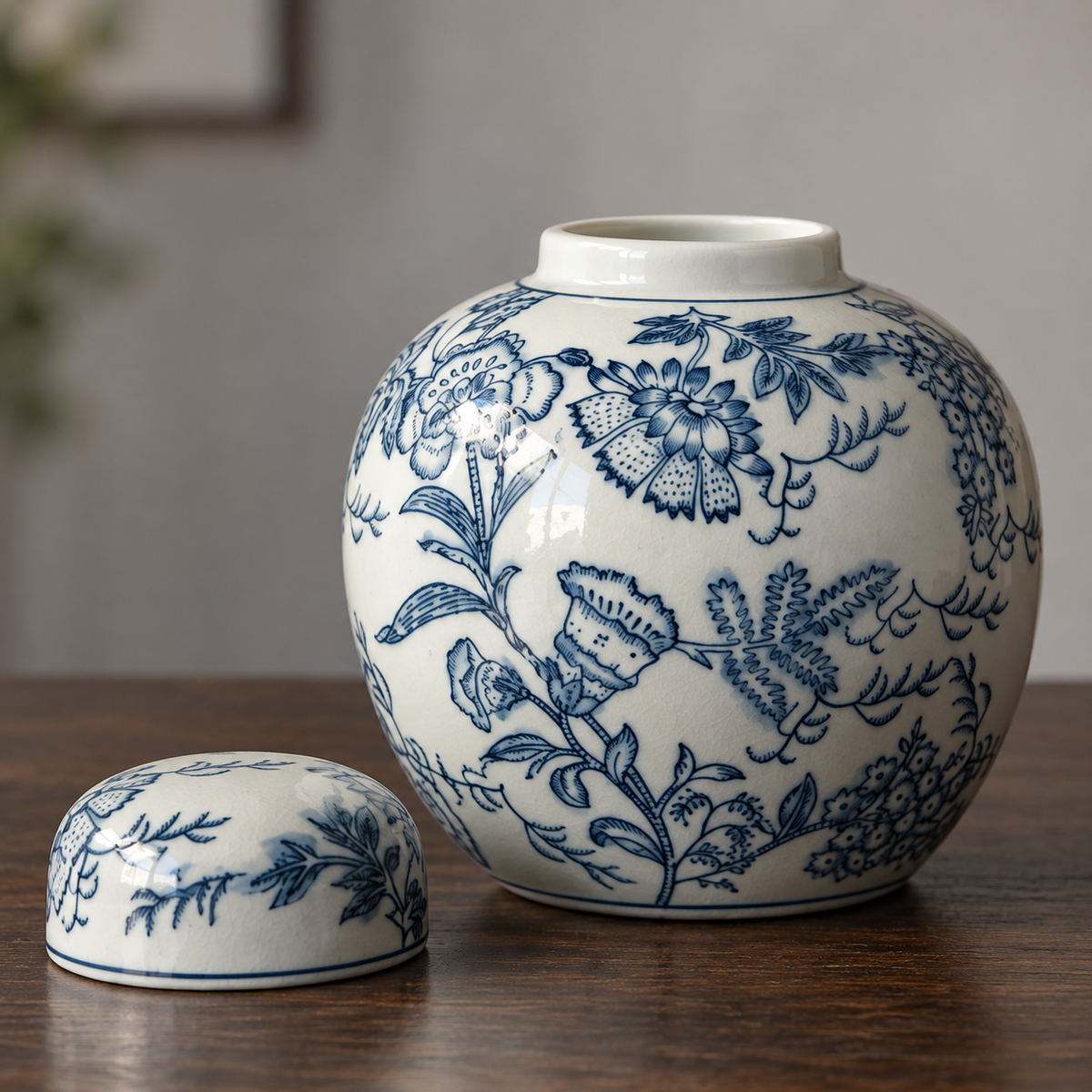 Blue and White Botanical Ceramic Vase – Lidded Floral Garden – decorative detail