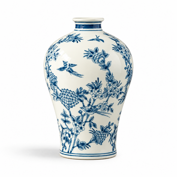Blue and White Botanical Ceramic Vase – Tall Bird & Blossom – full view
