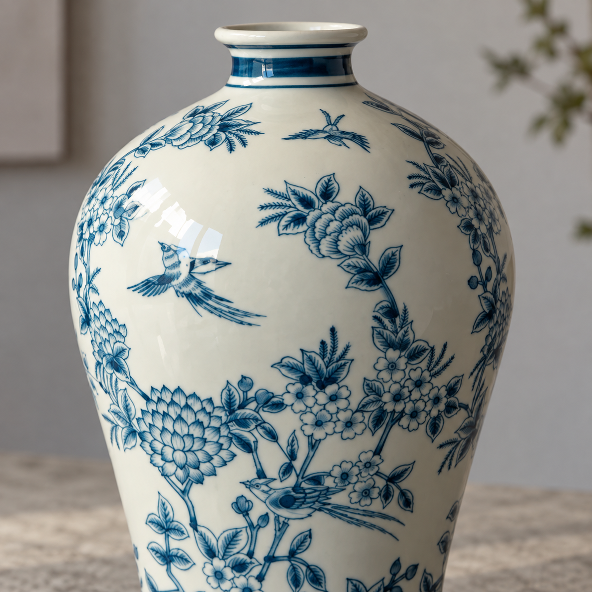 Blue and White Botanical Ceramic Vase – Tall Bird & Blossom – decorative detail