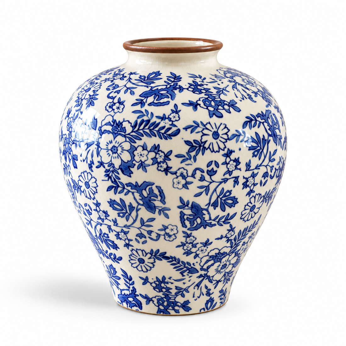 Hand-Painted Blue & White Ceramic Vase | Rustic Chinoiserie Floral Decor – full view